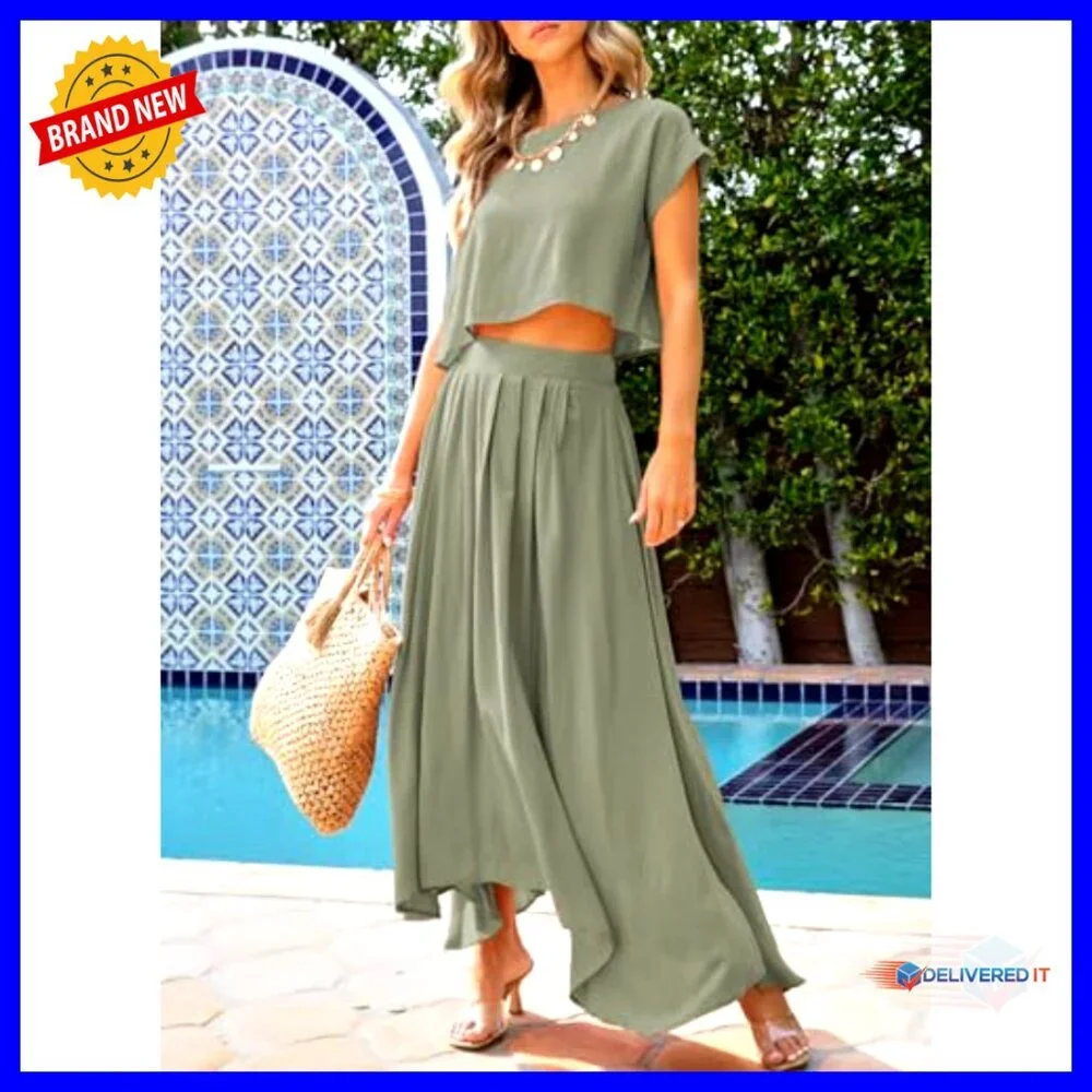 2 Piece Summer Outfit Crewneck Top Maxi Skirt Set Chic Casual Lightweight - Picture 3 of 6